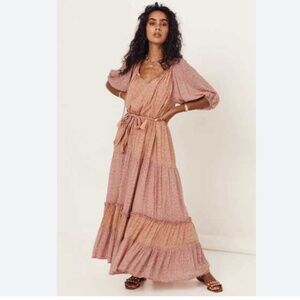 Spell & The Gypsy Rae Gown Peach Tiered Maxi Dress Floral Puff Sleeve in Large